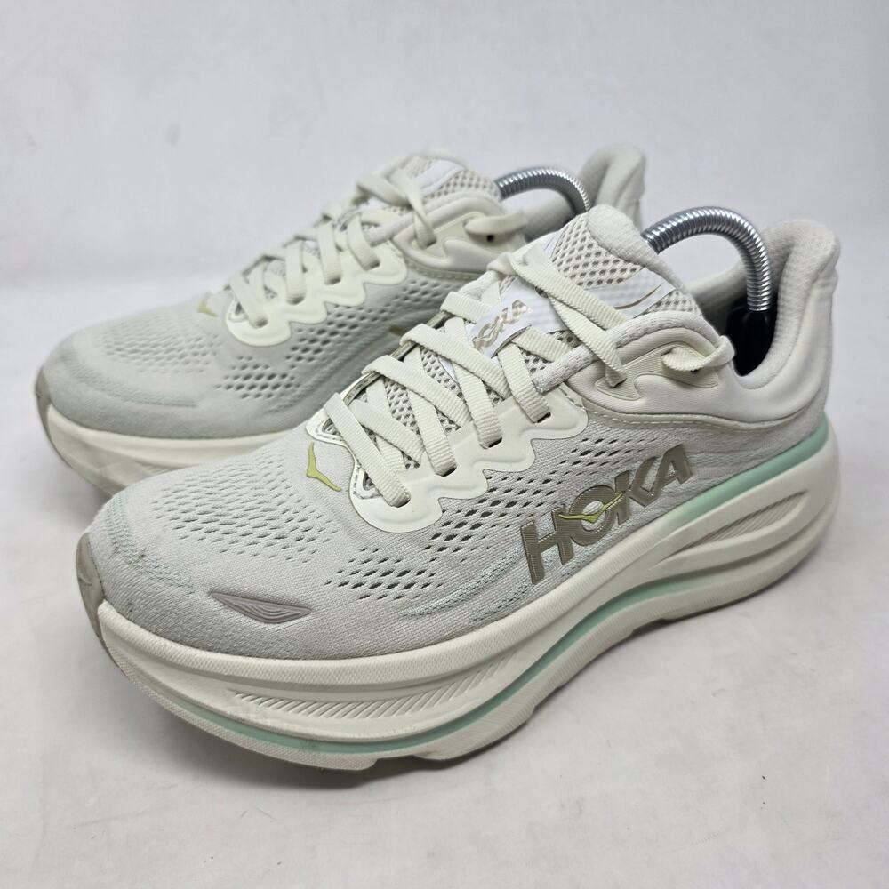 HOKA Bondi 9 Mesh Max Cushion Running Shoes White Mint Womens 7.5